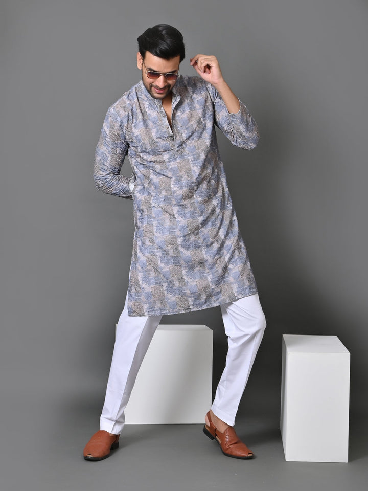 Abstract Grey Cotton Blend Kurta Set | Stand Collar Full Sleeves Fusion Wear