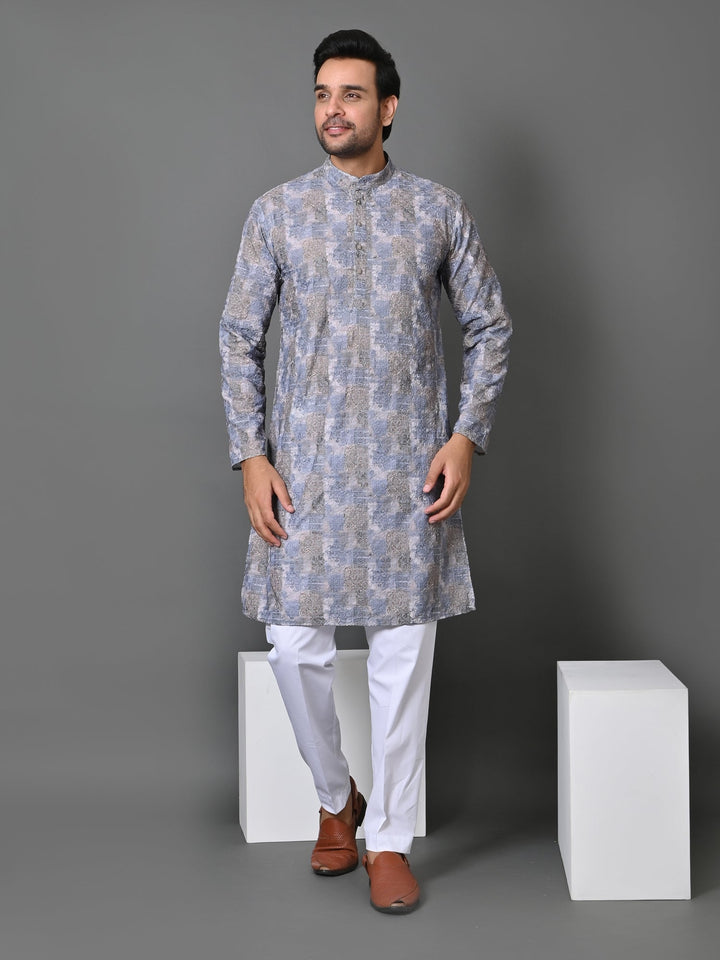 Abstract Grey Cotton Blend Kurta Set | Stand Collar Full Sleeves Fusion Wear