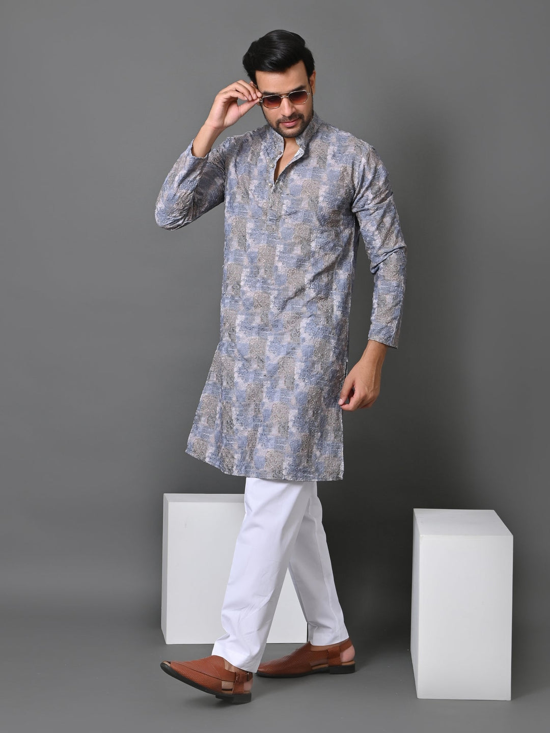 Abstract Grey Cotton Blend Kurta Set | Stand Collar Full Sleeves Fusion Wear