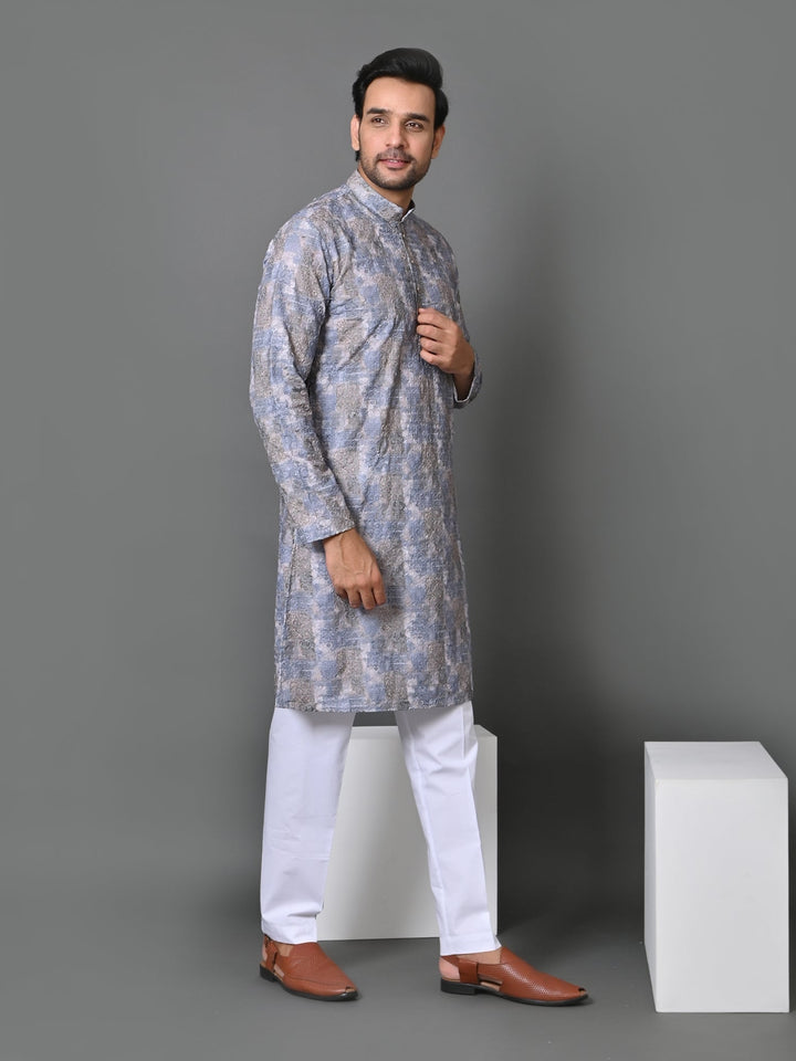 Abstract Grey Cotton Blend Kurta Set | Stand Collar Full Sleeves Fusion Wear