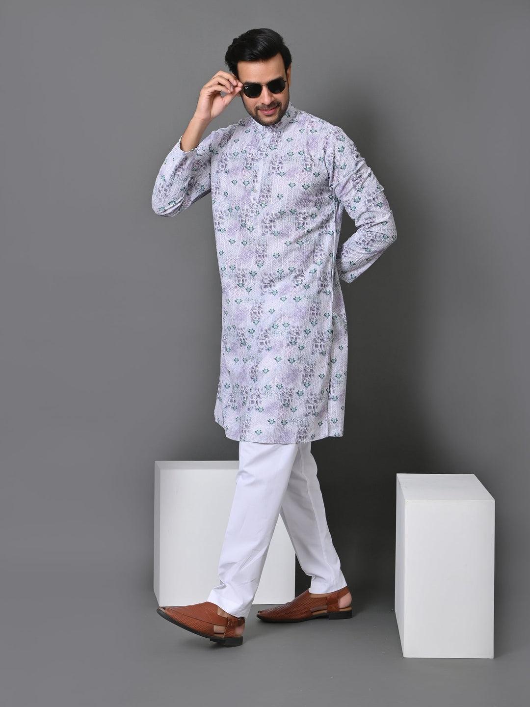 Floral Printed Cotton Blend Kurta Set | Stand Collar Full Sleeve Design