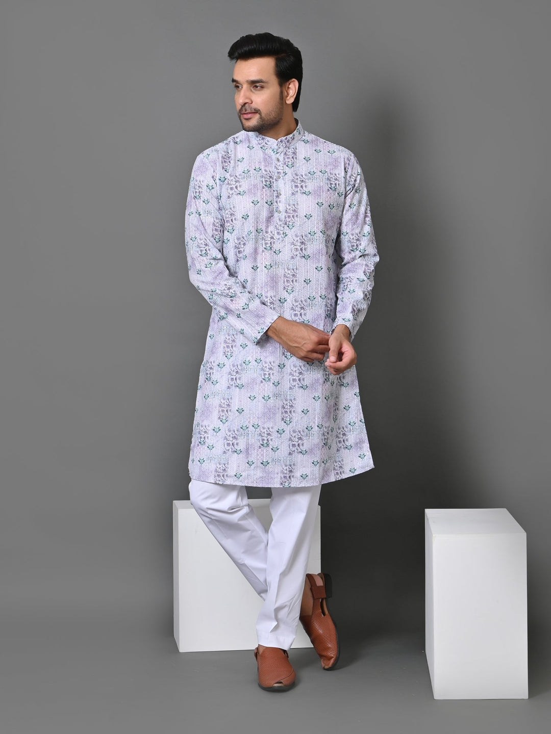 Floral Printed Cotton Blend Kurta Set | Stand Collar Full Sleeve Design