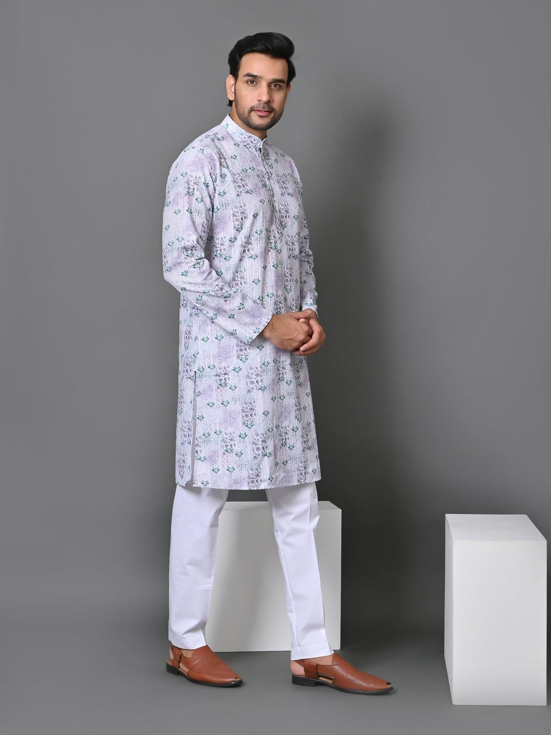 Floral Printed Cotton Blend Kurta Set | Stand Collar Full Sleeve Design