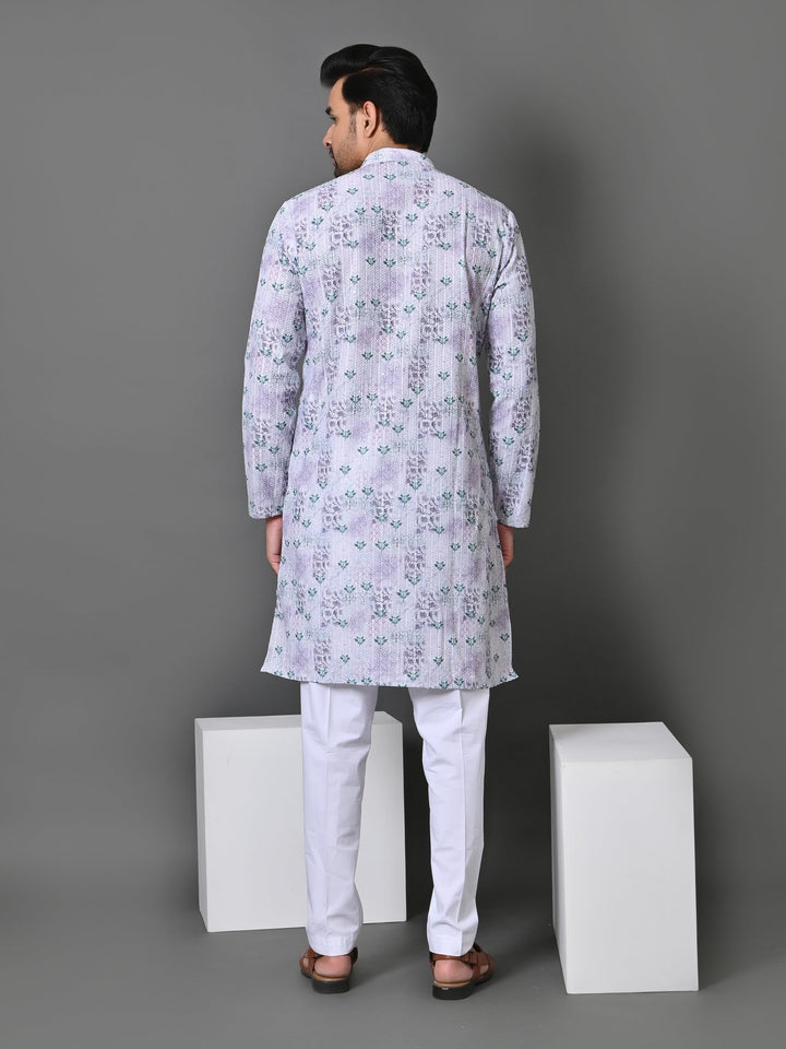 Floral Printed Cotton Blend Kurta Set | Stand Collar Full Sleeve Design