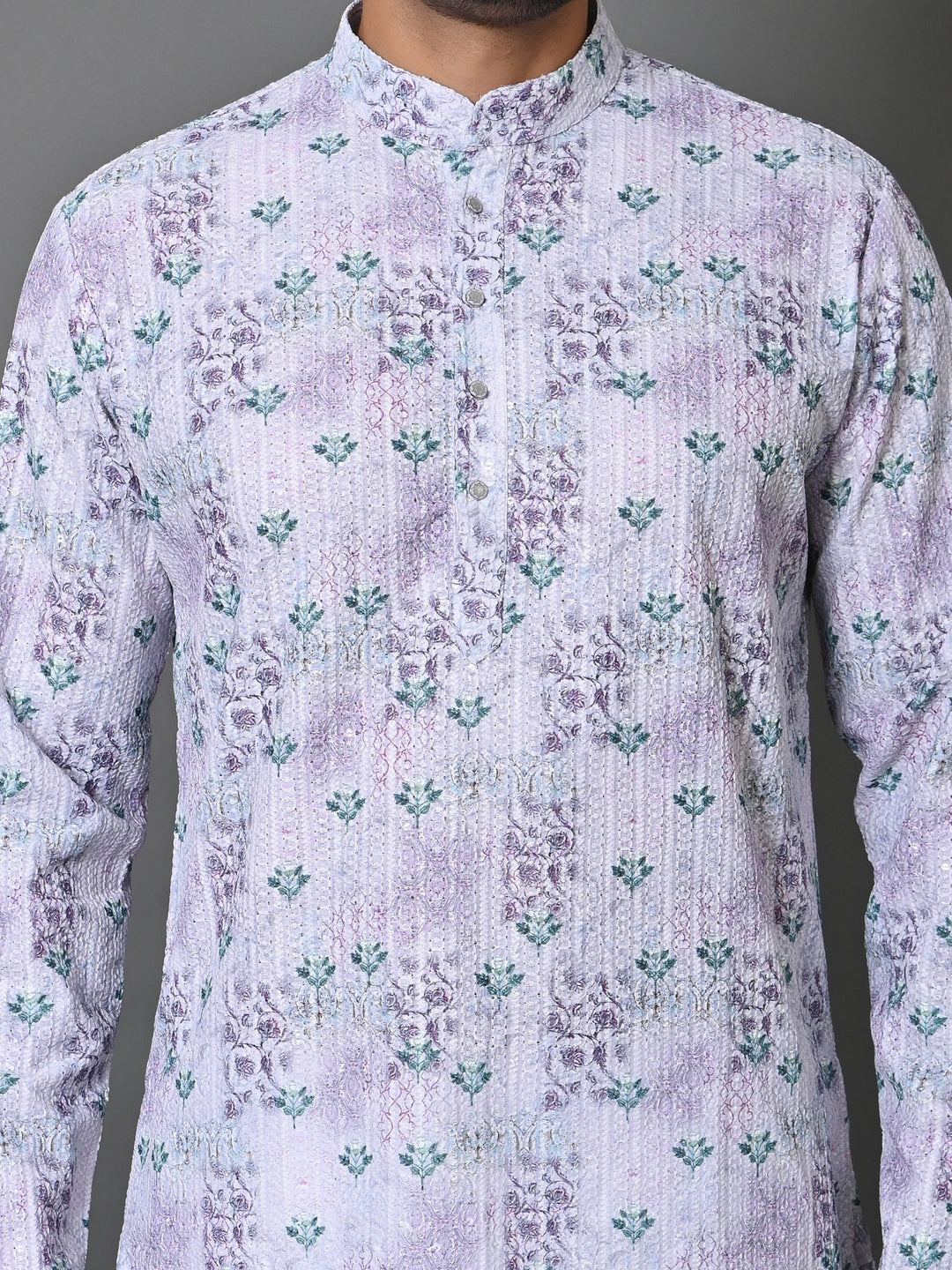 Floral Printed Cotton Blend Kurta Set | Stand Collar Full Sleeve Design