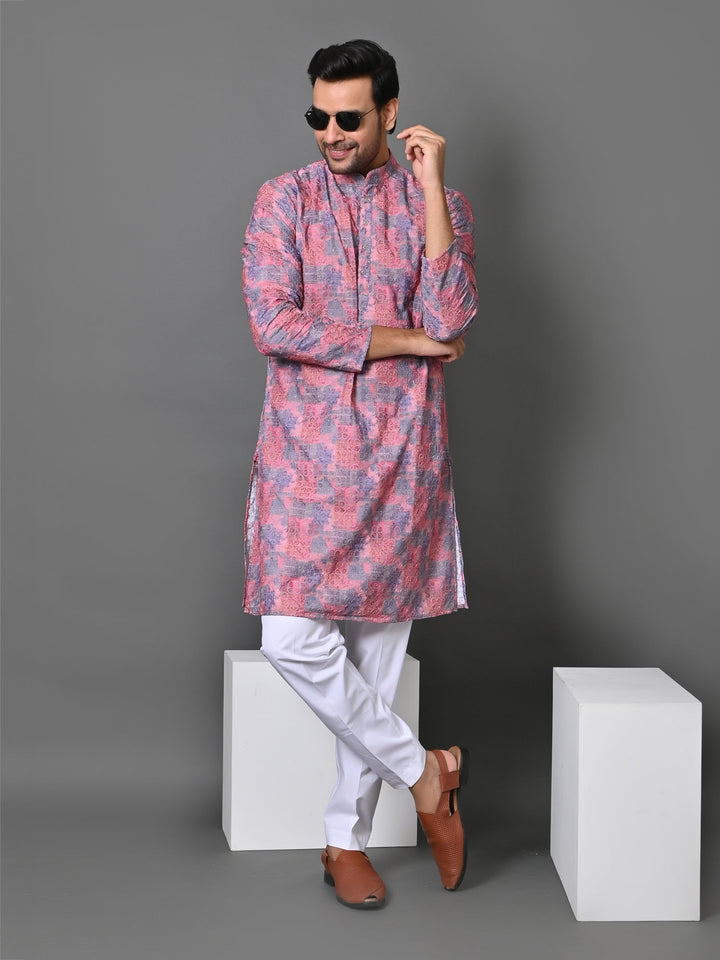 Abstract Printed Kurtas Set | Festive Stand Collar Cotton Blend Wear