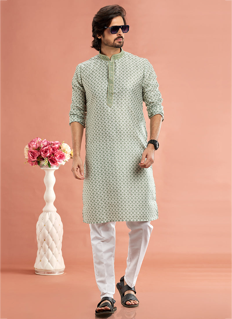 Stylish Pista Green Cotton Art Silk Premium Kurta Pajama | Finely Detailed to Enhance Your Look for Formal Events