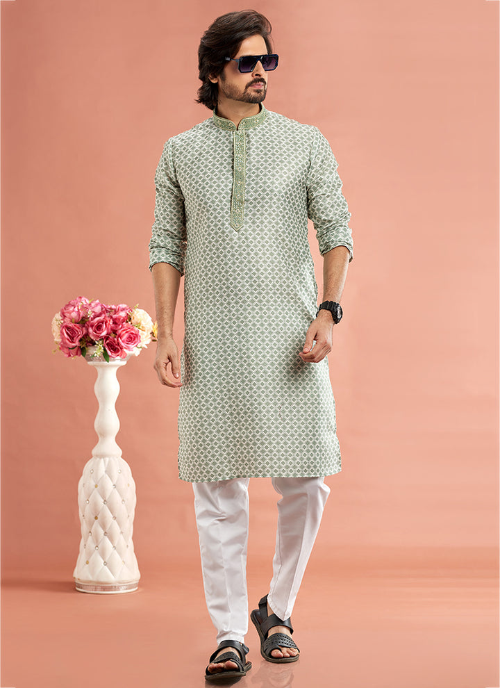 Stylish Pista Green Cotton Art Silk Premium Kurta Pajama | Finely Detailed to Enhance Your Look for Formal Events