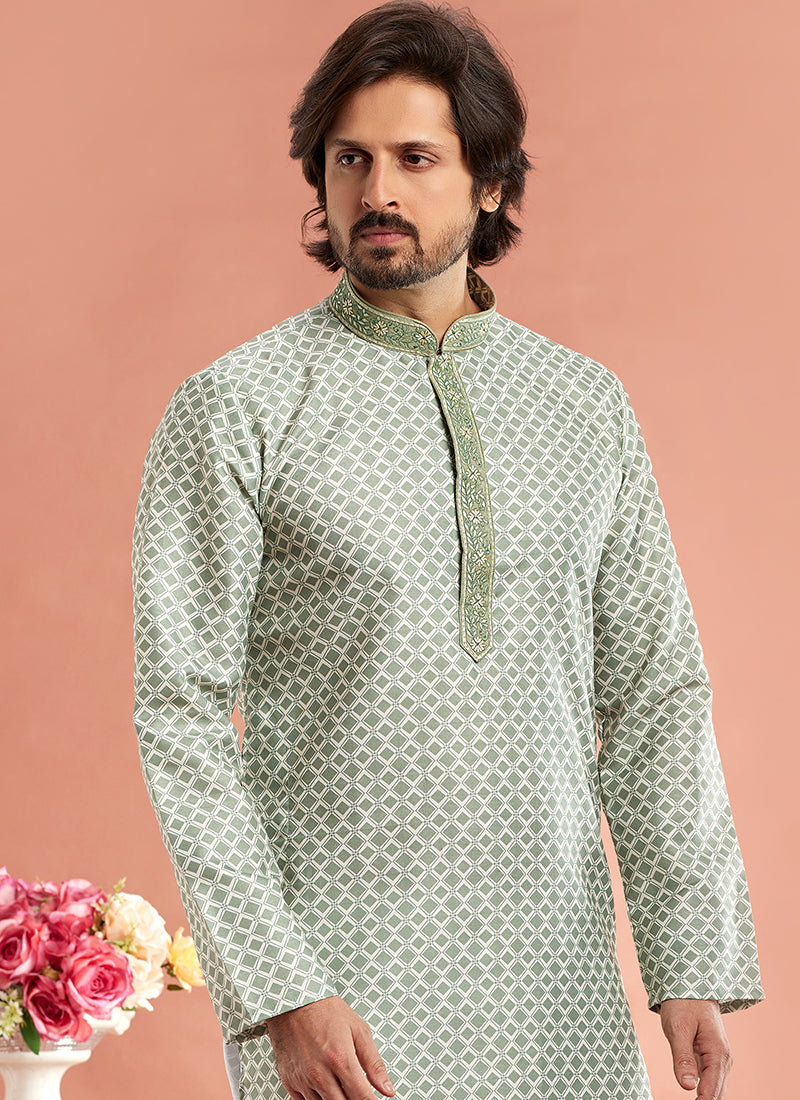 Stylish Pista Green Cotton Art Silk Premium Kurta Pajama | Finely Detailed to Enhance Your Look for Formal Events