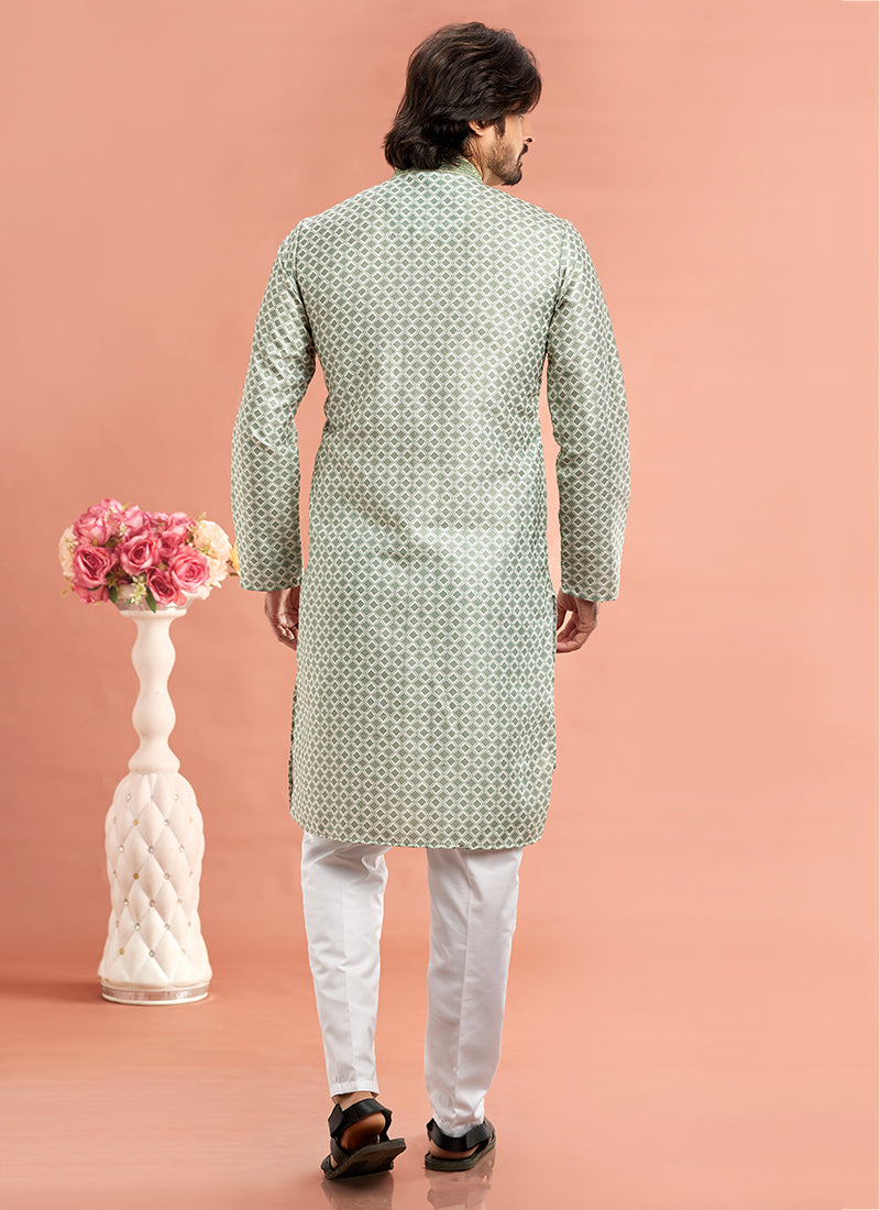 Stylish Pista Green Cotton Art Silk Premium Kurta Pajama | Finely Detailed to Enhance Your Look for Formal Events