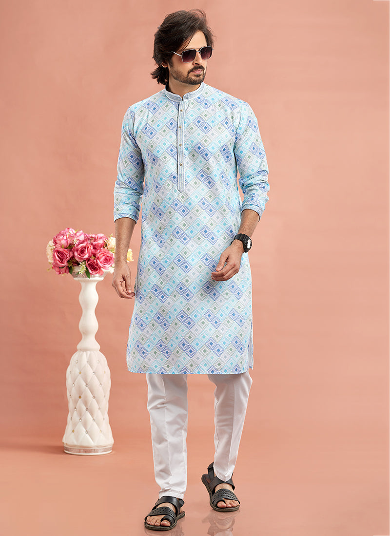 Luxurious Handcrafted Cotton Sky Blue Kurta Pajama | A Must-Have for Exclusive Festive Wardrobes