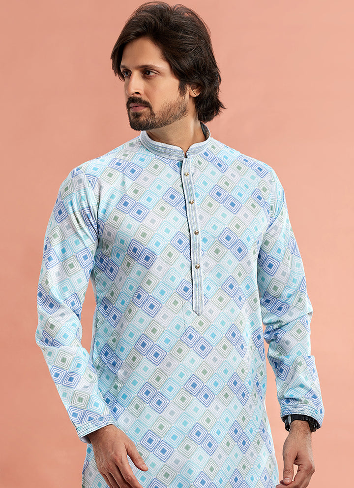 Luxurious Handcrafted Cotton Sky Blue Kurta Pajama | A Must-Have for Exclusive Festive Wardrobes