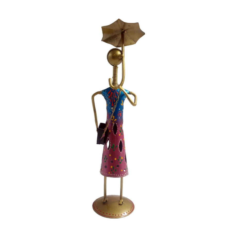 Whimsical umbrella lady showpiece in vibrant colors, perfect for brightening up your decor.