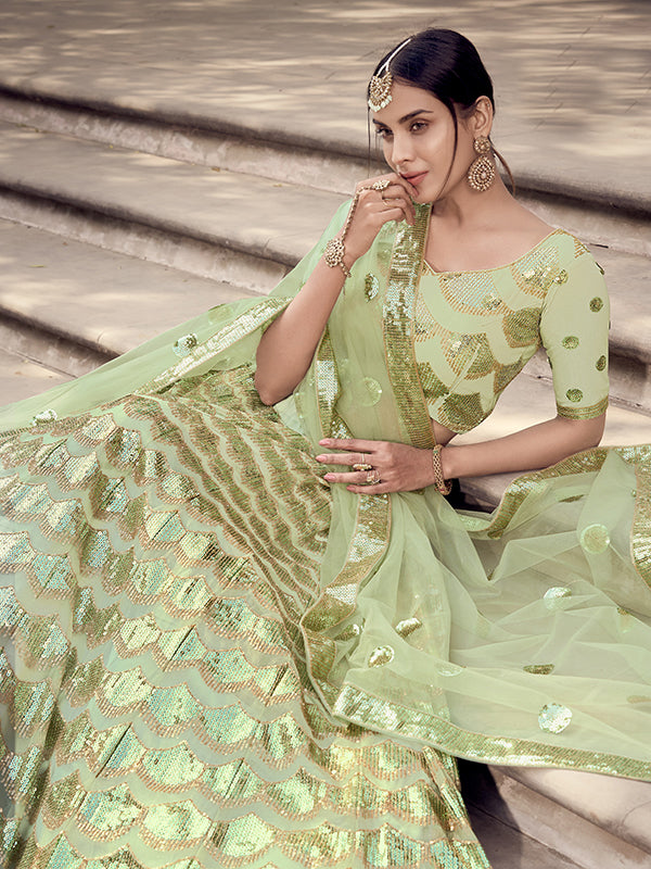 Pista Green Designer Lehenga Choli | Sequins Work Party Wear Set