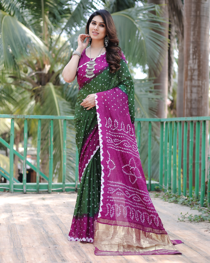 Elegant Purple Bandhej Silk Drapes with stunning Zari Tissue Pallu and blouse piece for a premium look.