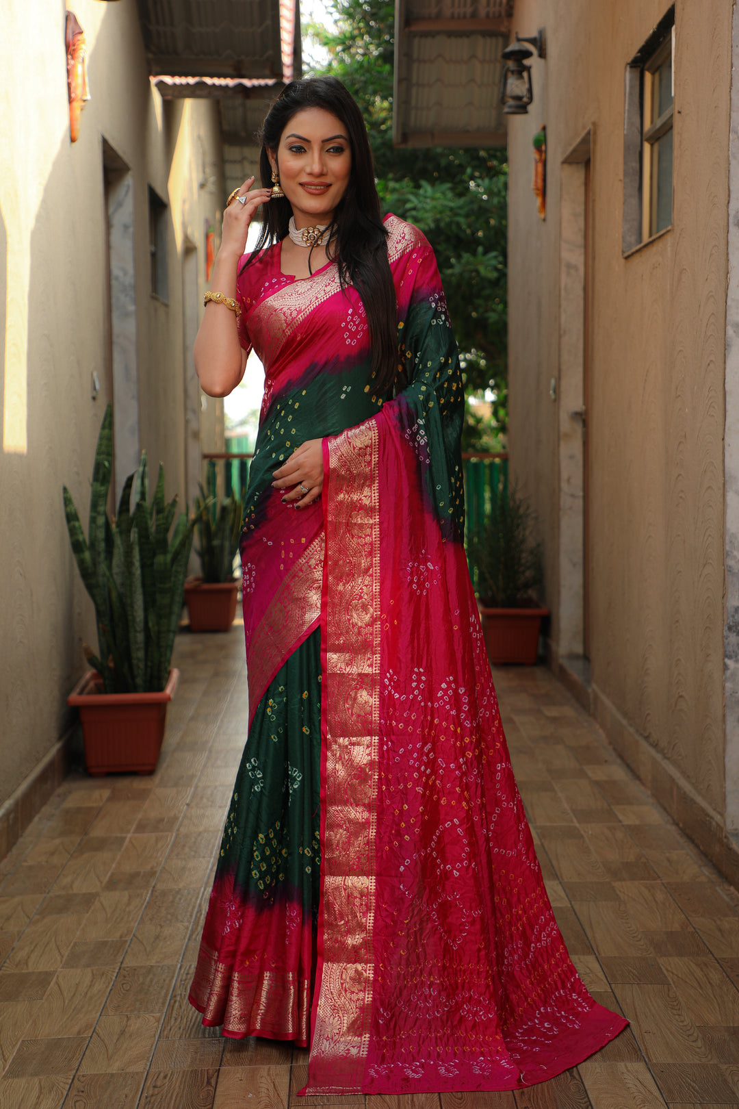 Elegant purple Bandhej Tapeta saree, offering a touch of tradition with modern comfort.