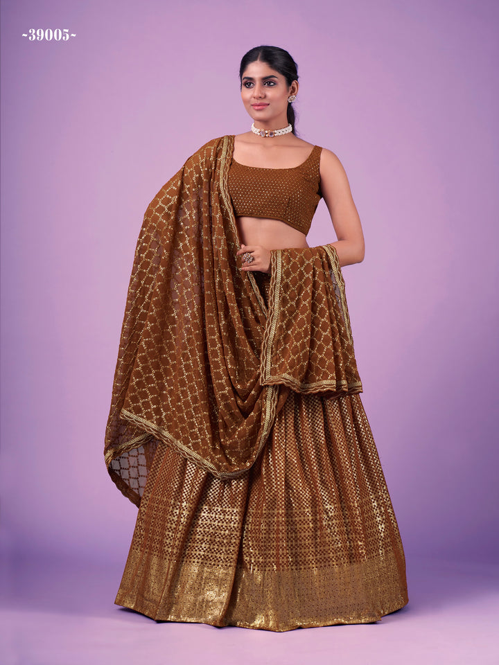 Designer Brown Lehenga Choli | Dori Embroidery for Elegant Style