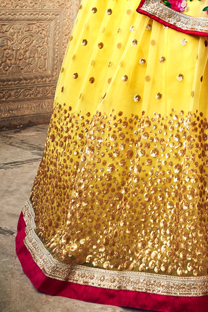 Yellow Bridal Lehenga Choli | Zari Sequins on Soft Net Fabric