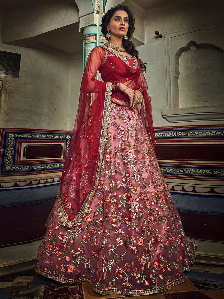 Peach and Red Lehenga Choli | Art Silk with Zari and Thread Work