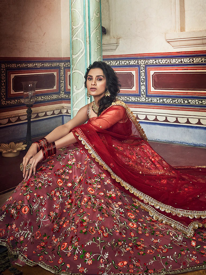 Peach and Red Lehenga Choli | Art Silk with Zari and Thread Work