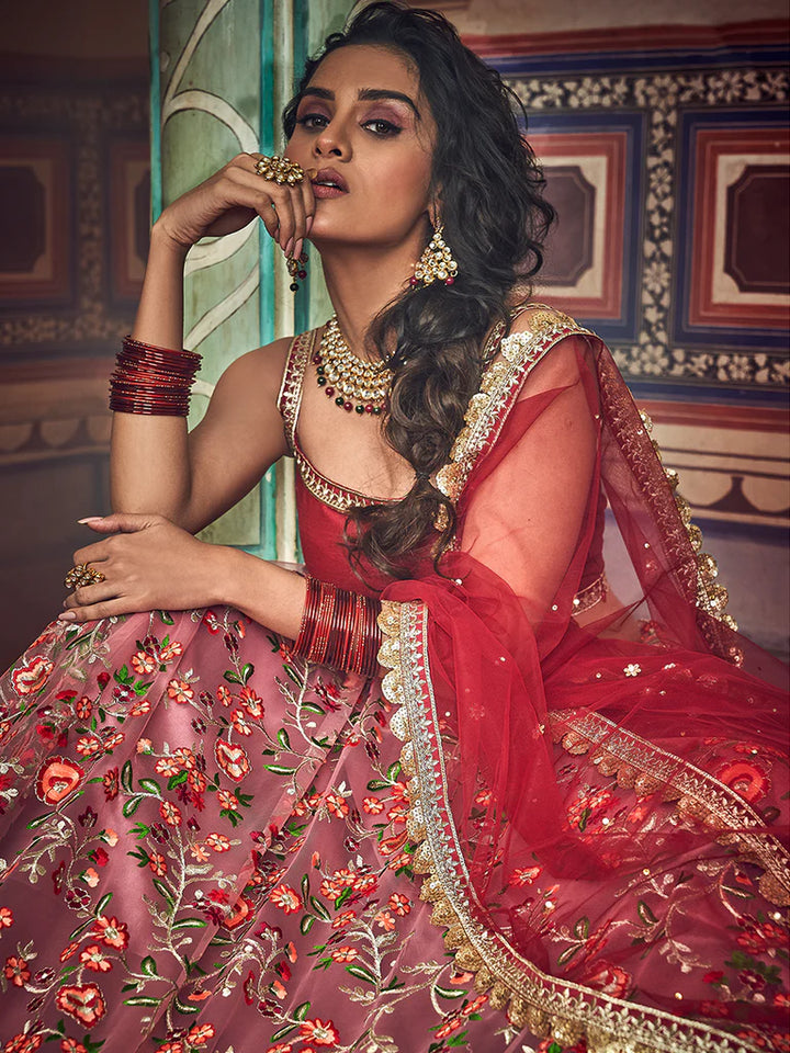 Peach and Red Lehenga Choli | Art Silk with Zari and Thread Work