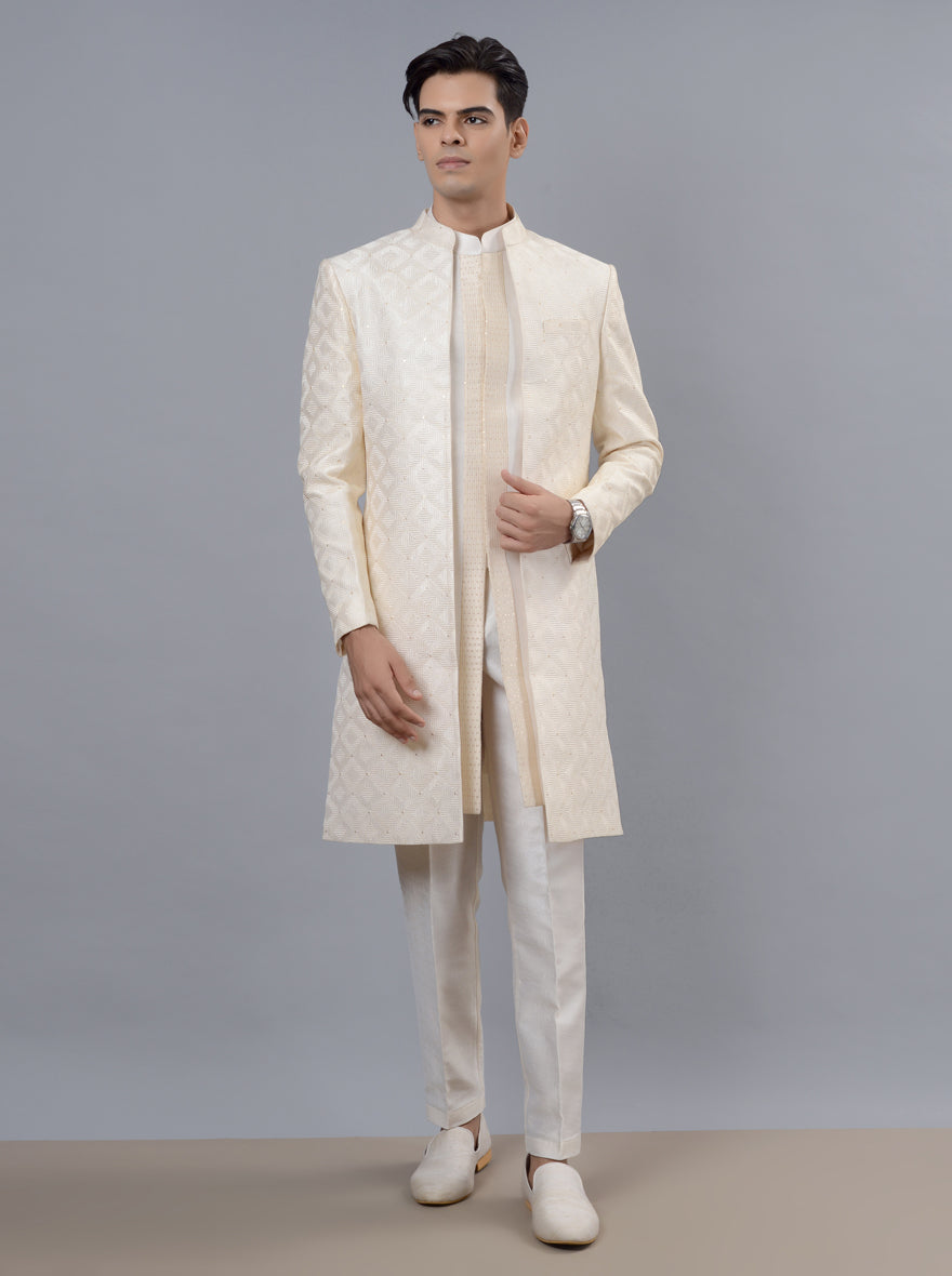 Elevate your festive wardrobe with this Cream Indo Western, perfect for engagements and weddings in the USA.