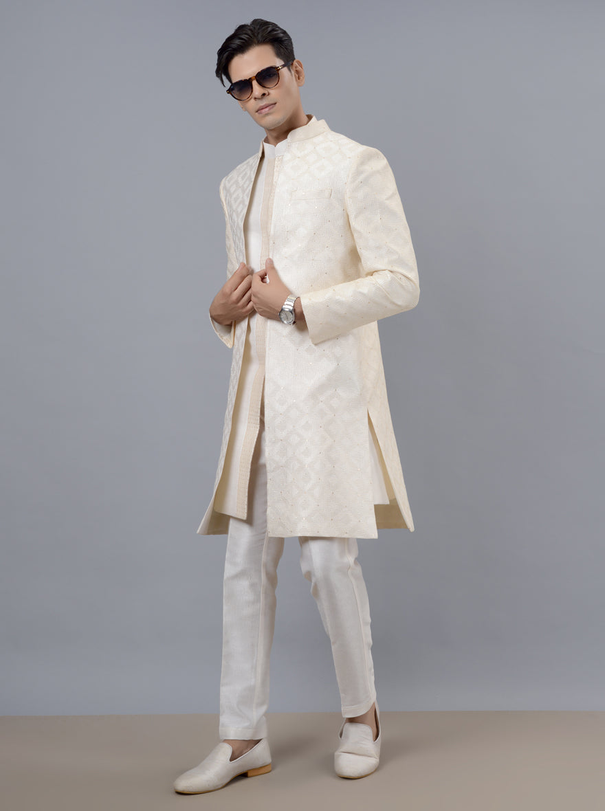 Celebrate your next event in the USA wearing this Cream Indo Western, combining luxury and style for memorable moments.