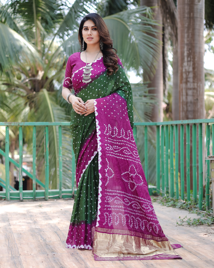 Purple Bandhej Silk Drapes featuring a Zari Tissue Pallu and blouse piece for a traditional yet stylish look.