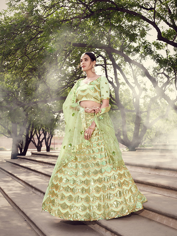 Pista Green Designer Lehenga Choli | Sequins Work Party Wear Set