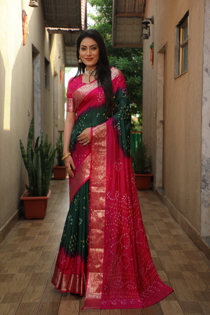 Graceful purple Bandhej Tapeta saree, designed for festivals and special celebrations.