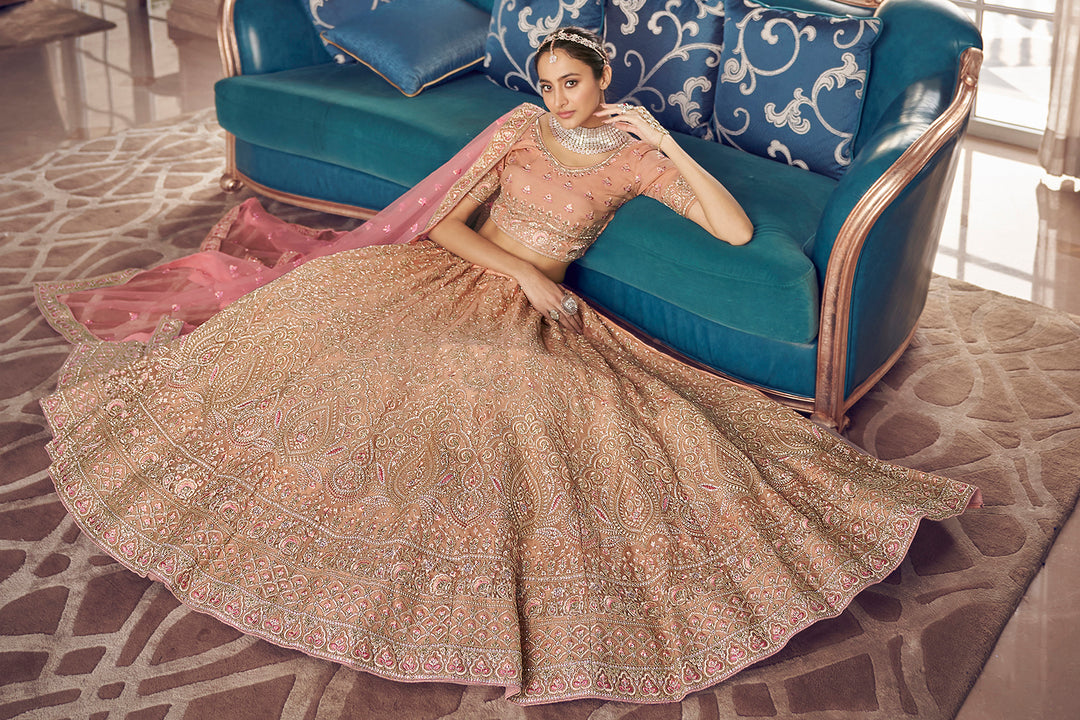 Designer Peach Lehenga Choli | Thread Work Organza Outfit for Wedding Wear