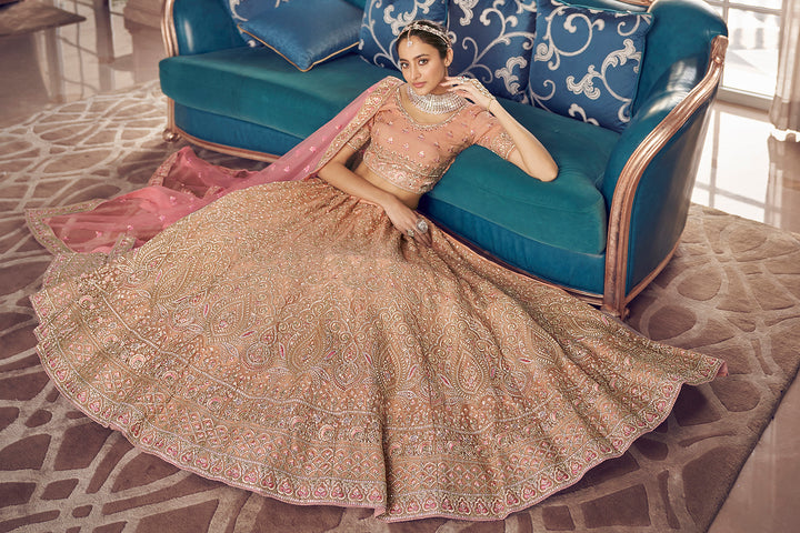 Designer Peach Lehenga Choli | Thread Work Organza Outfit for Celebrations