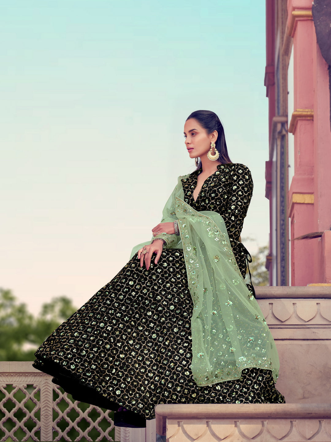 Black & Green Bridal Lehenga Choli | Sequins Party Wear Lehenga Set