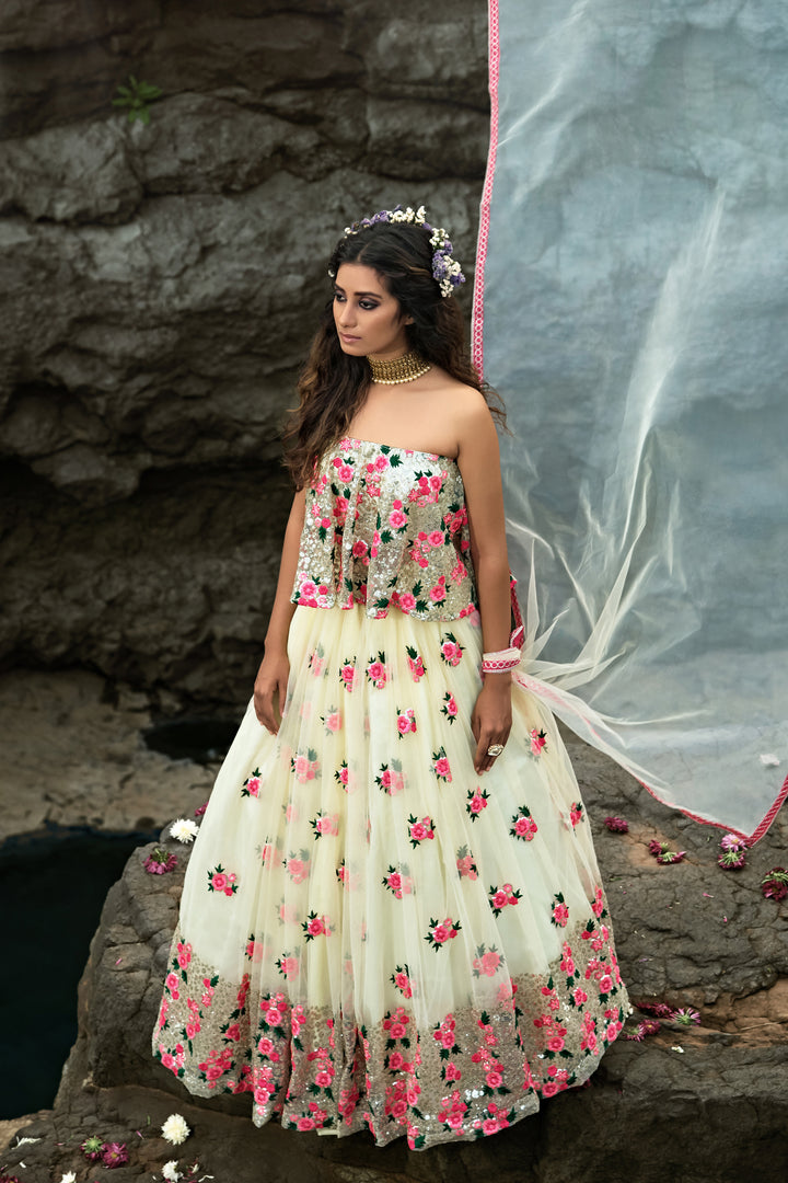 Graceful Off-White Floral Lehenga | Perfect for Ceremonial & Reception