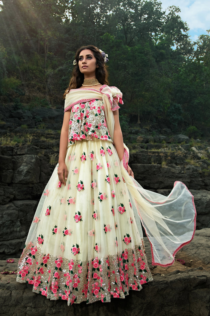 Graceful Off-White Floral Lehenga | Perfect for Ceremonial & Reception