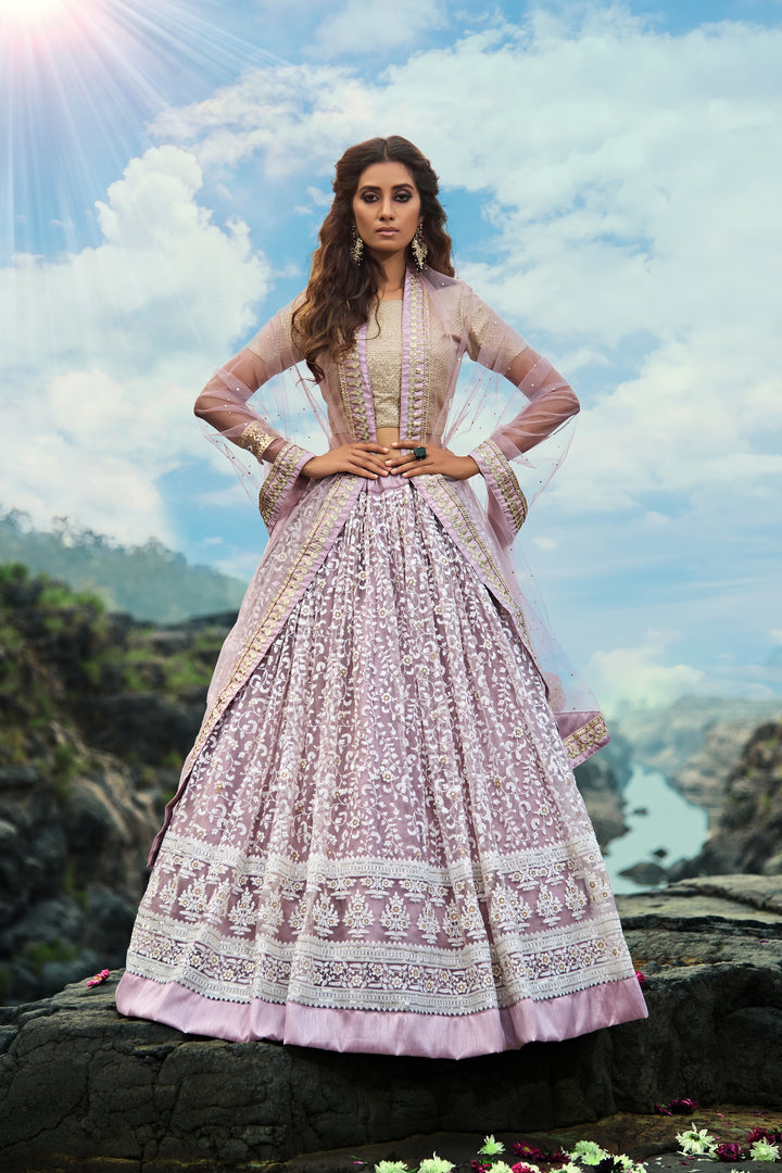 Lilac Soft Net Lehenga Choli | Paired with Golden Shimmery Blouse