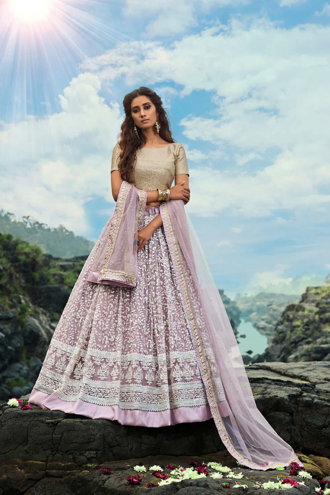 Lilac Soft Net Lehenga Choli | Paired with Golden Shimmery Blouse