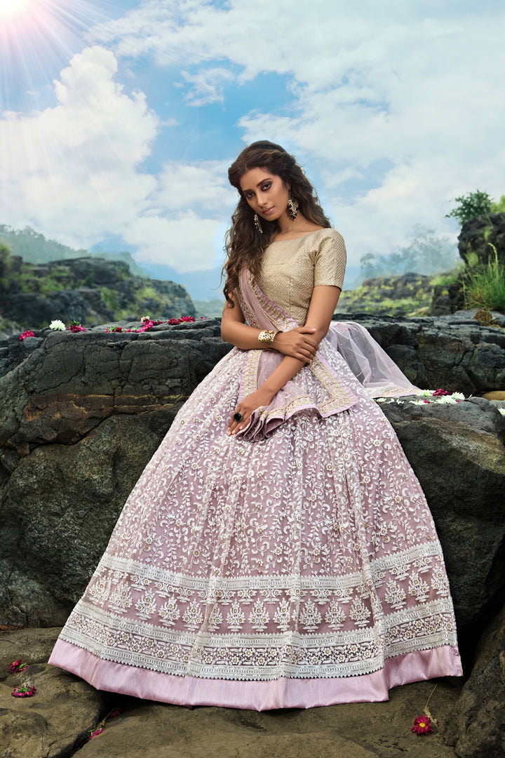 Lilac Soft Net Lehenga Choli | Paired with Golden Shimmery Blouse