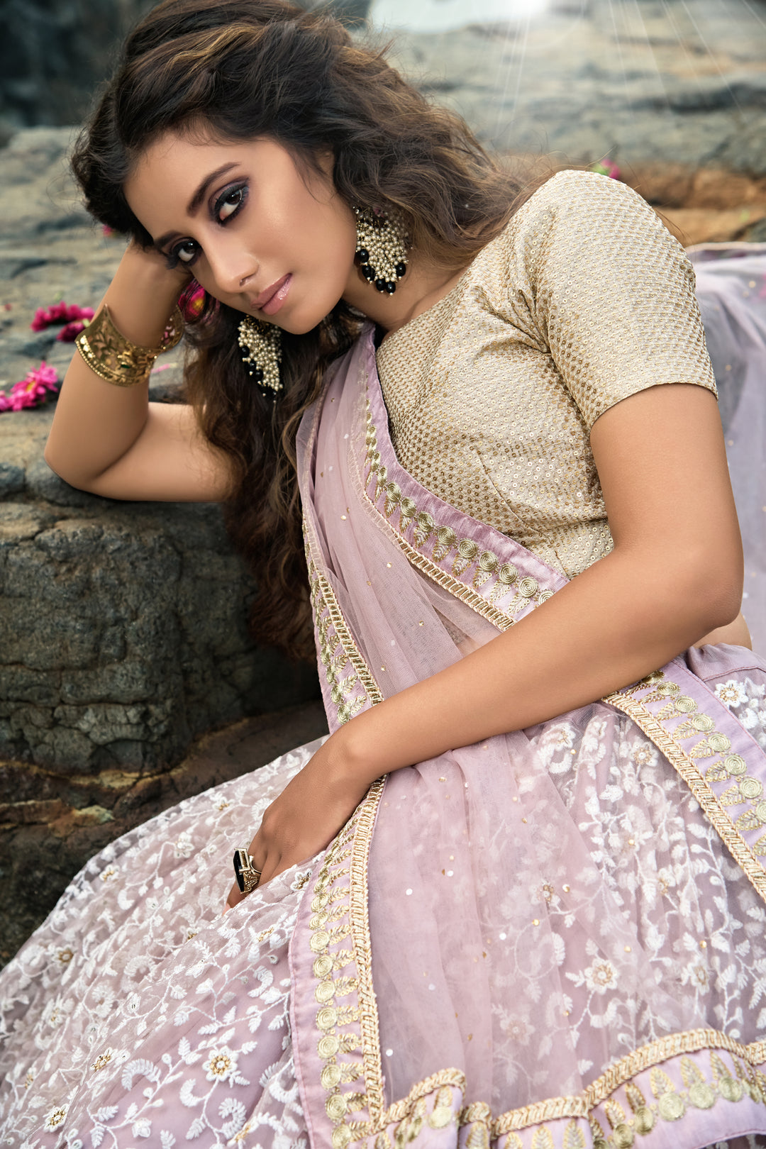 Lilac Soft Net Lehenga Choli | Paired with Golden Shimmery Blouse