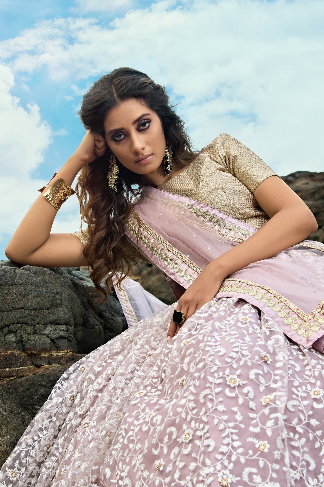 Lilac Soft Net Lehenga Choli | Paired with Golden Shimmery Blouse