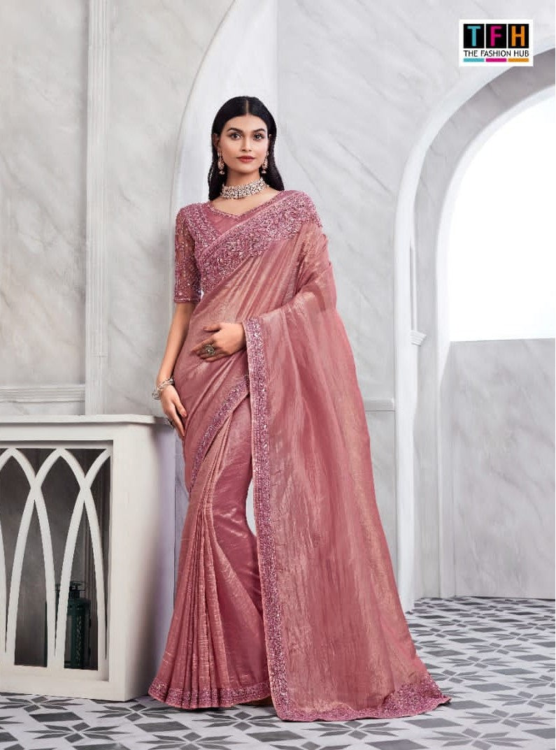 Elegant Pink Sim-Sim Silk Saree | Golden Embroidery Sadi for Events