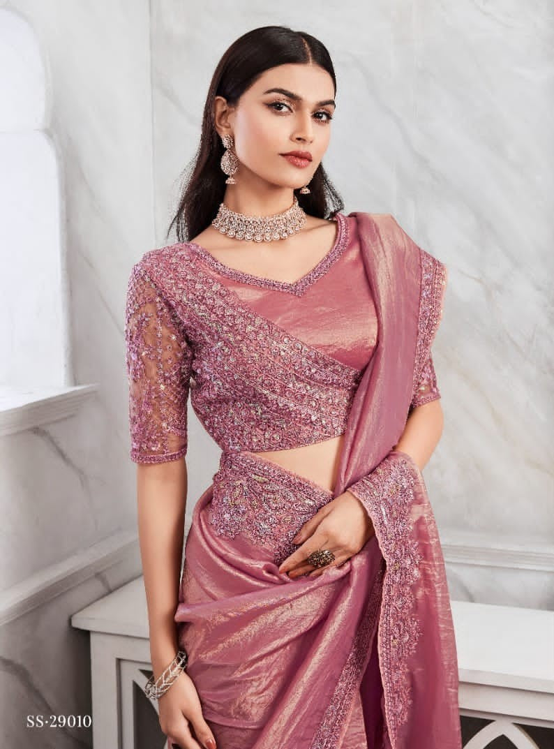 Elegant Pink Sim-Sim Silk Saree | Golden Embroidery Sadi for Events