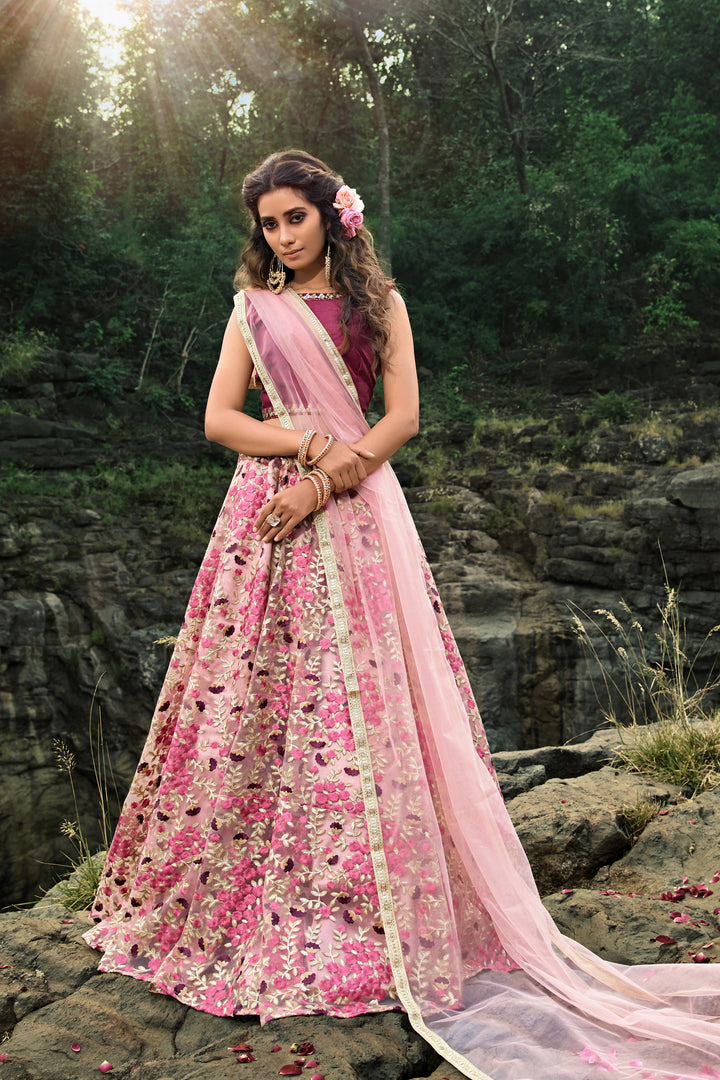 Stunning Pink Net Lehenga | Purple Silk Choli with Zari & Sequins