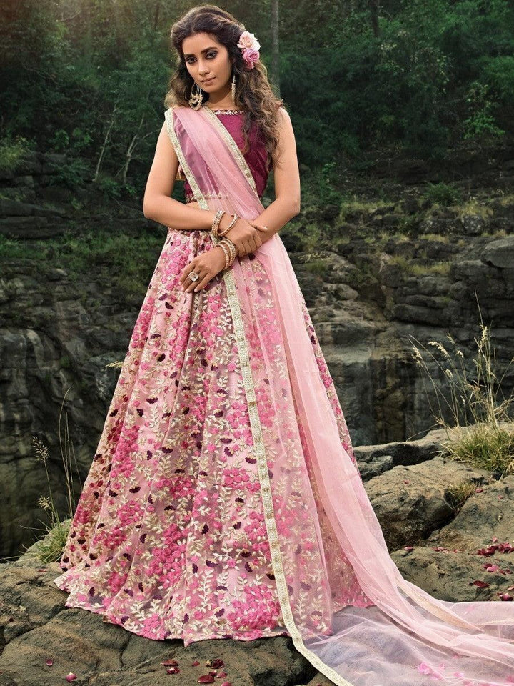 Luxurious Pink Thread Embroidered Lehenga Choli | Net Material & Zari Border