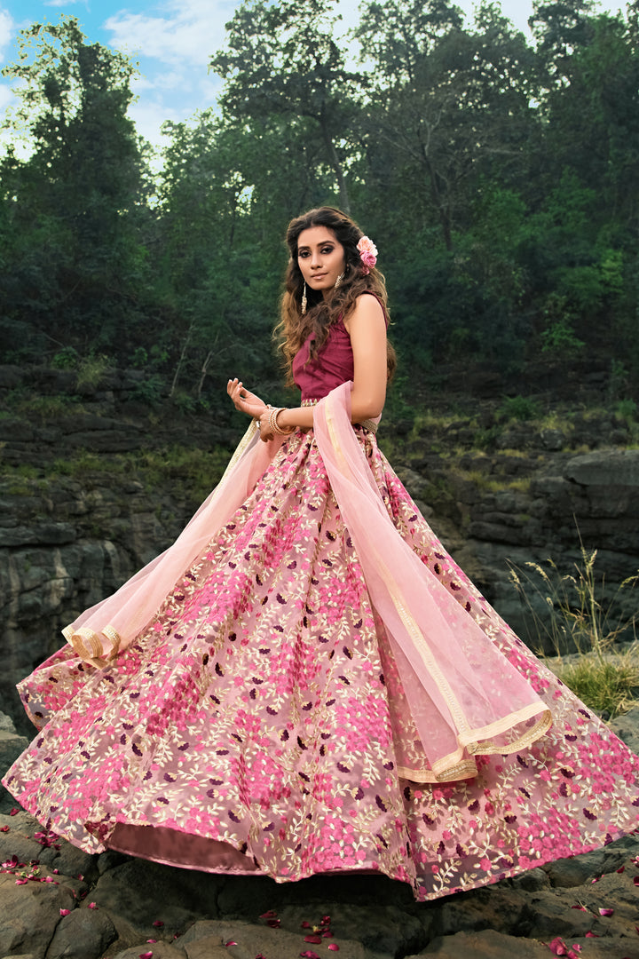 Stunning Pink Net Lehenga | Purple Silk Choli with Zari & Sequins