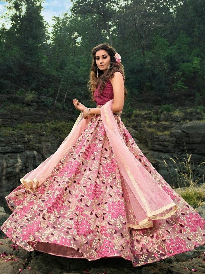 Luxurious Pink Thread Embroidered Lehenga Choli | Net Material & Zari Border