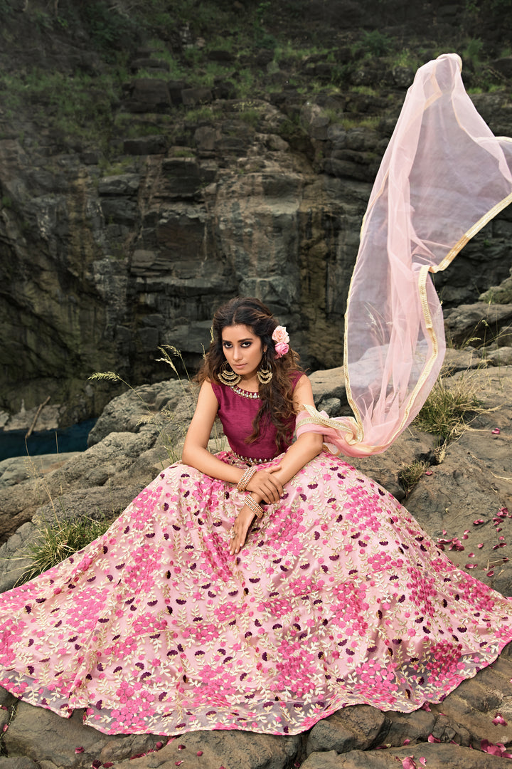 Stunning Pink Net Lehenga | Purple Silk Choli with Zari & Sequins