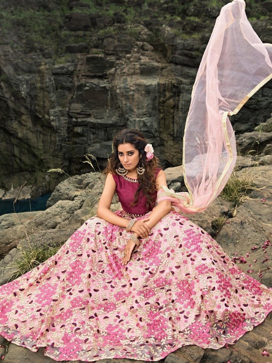 Luxurious Pink Thread Embroidered Lehenga Choli | Net Material & Zari Border