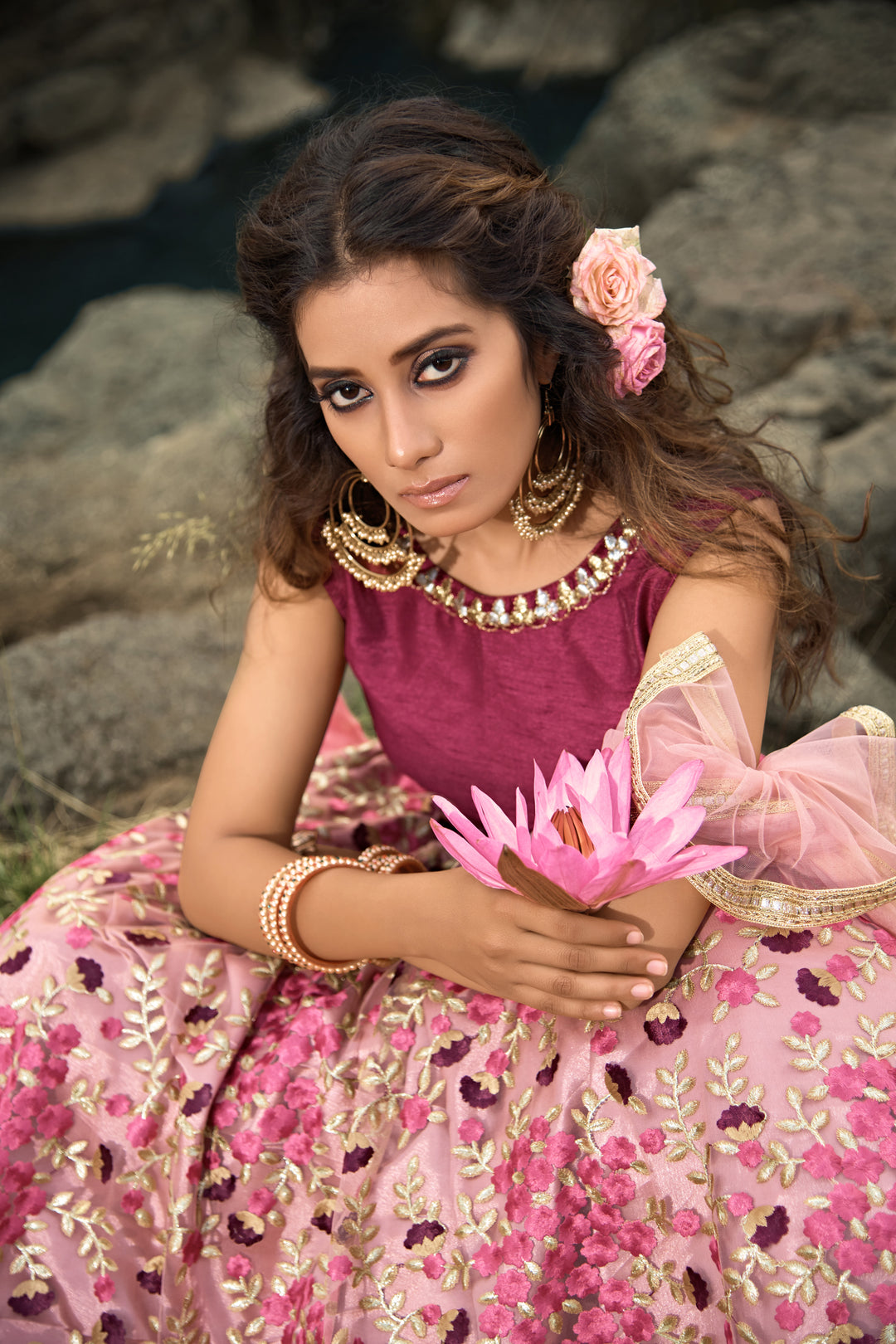 Stunning Pink Net Lehenga | Purple Silk Choli with Zari & Sequins