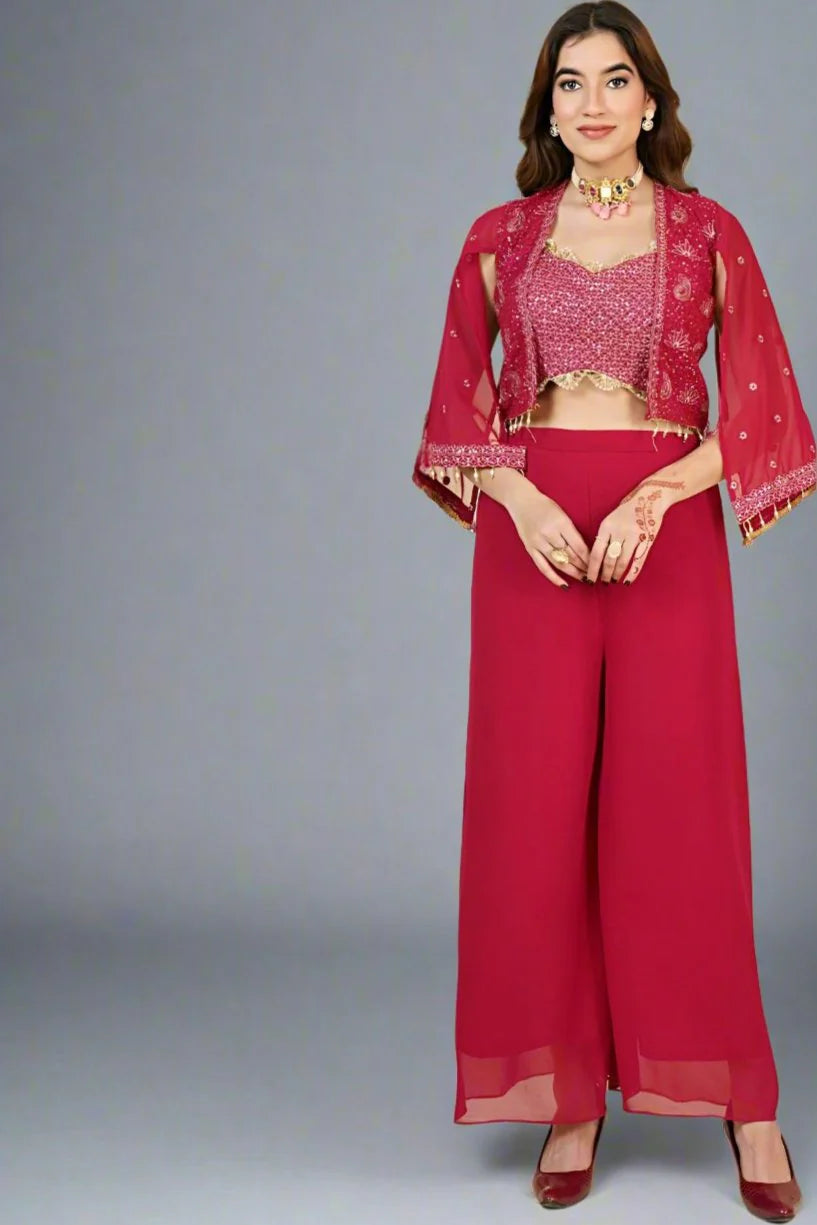 Chic co-Ord palazzo set featuring a stylish red kurta and matching dupatta, perfect for festive occasions.